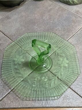 Green Pressed Glass Two-Tier Handle Server.Depression Ware